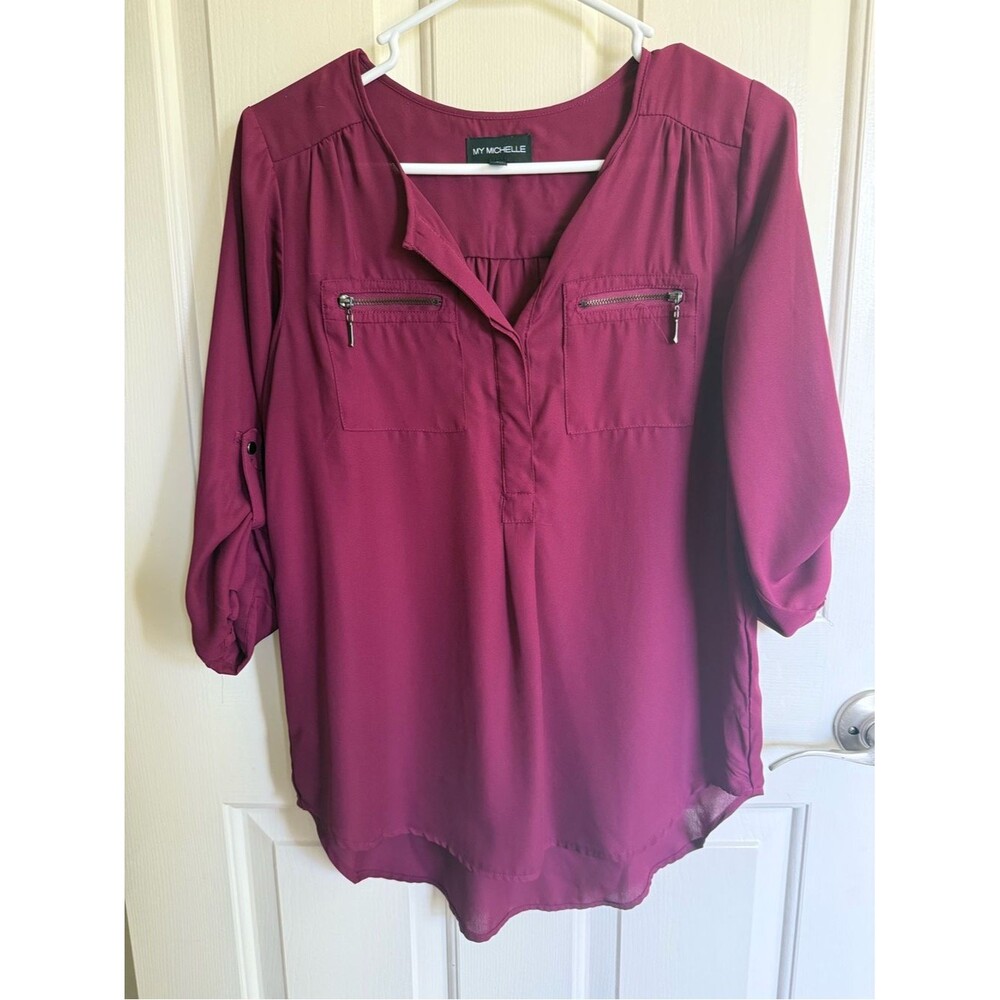 My Michelle small Wine Zip-Pocket Split-Neck Blouse